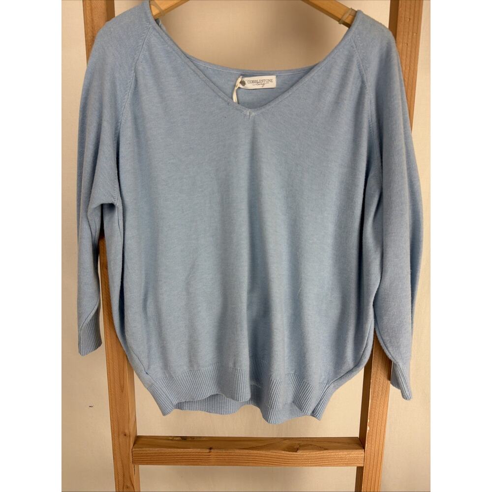 NWT Cobblestone Blue Raglan Sleeve Ultra Soft V-Neck Sweater #1010 Size OS ITALY